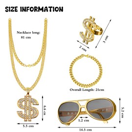 YQBFB Men's 80s Accessories Outfit for Carnival, 4-Piece Dollar Chain Set, Rapper Accessories, 70s, 80s, 90s Cool Look for Fancy Dress (Gold)