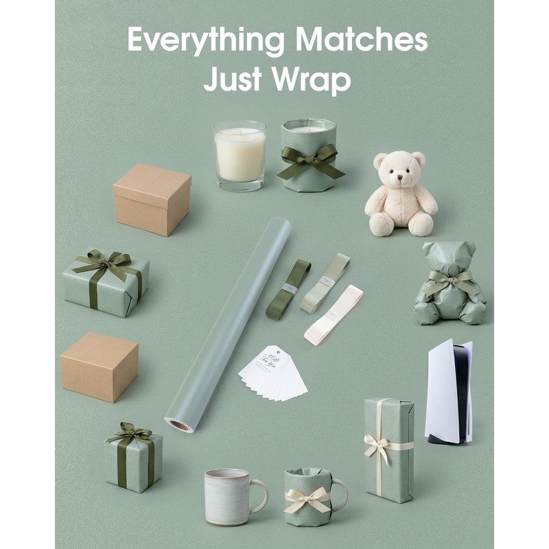 Keypan Sage Green Gift Wrap Paper Roll Set with Ribbon