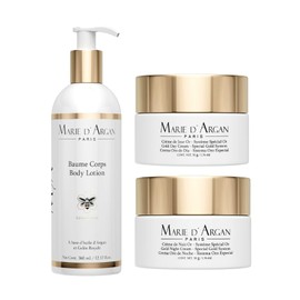 Marie d'Argan Kit Skincare Antiedad Rostro Y Cuerpo 3 Piezas, Cremas De Día Y Noche Con Oro 24K De 50 g, Loción Corporal 360 ml Con Argán Y Jalea Real, Hidratación, Firmeza Y Luminosidad
