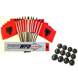 Pack of 12 4"x6" Albania Polyester Miniature Office Desk & Little Table Flags, 1 Dozen 4"x 6" Albanian Small Mini Handheld Waving Stick Flags with 12 Flag Bases (Flags with Stands)