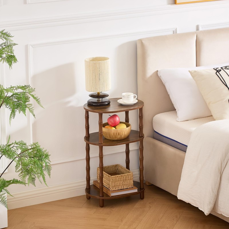 Oval Side Table, Small End Table with 3-Tier Storage Shelf,