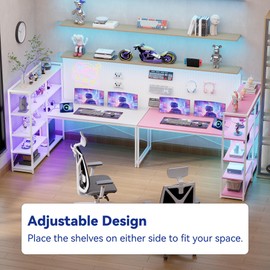 Pamray L Shaped Computer Desk with Reversible Side Storage Shelves, 49 Inch Gaming Desk with Power Outlets and Led Lights, PC Table for Home Office and Bedroom White