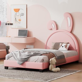 Merax Children Rabbit-Shaped Platform Bed, Wooden Upholstered Leather Bedframe, No Box Spring Needed, Twin Size, Pink