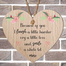Keepsake Little Gifts for Friends: 'Because of You I Laugh a Little Harder' | Gift for Christmas for a Special Friend | Best Friend Plaque with a Hanging Heart Quote | Thoughtful Friendship
