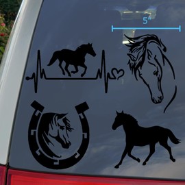 Horse Decal Pack: Heartbeat, Horseshoe, Galloping, Detailed Horse Head (Black, Large 5")