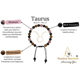Taurus Zodiac Crystal Bracelet - Rhodonite Mariyam Jasper Black Tourmaline Birthstone Bracelets Women Men Healing Calming Anxiety Stress Relief Gifts (Adjustable)