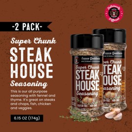 Sauce Goddess Super Chunk Steakhouse Spice Shaker (2-Pack) - Versatile, Delicious Steak Seasoning, BBQ Rub for Chops, Chicken and Veggies! Gluten-Free, Vegan, and No Sugar