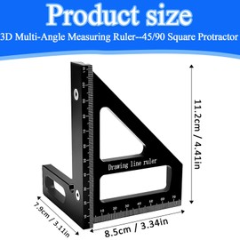 3D Woodworking Square Protractor, Set Square Carpentry, Multi-Angle Measuring Tool for Woodworking, 45°& 90° Precision Carpenters Square, High Precision Durable Speed Square, Compact Design (Black)