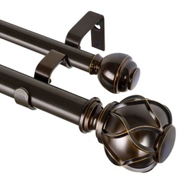 KAMANINA 1 Inch Double Curtain Rods for Windows 36 to 72 Inches (3-6 Feet)，Bronze Heavy Duty Double Curtain Rod, Telescoping Drapery Rod with Netted Texture Finials