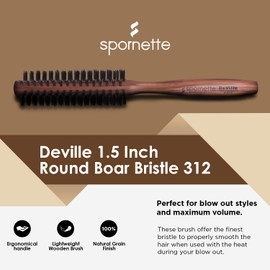 Spornette Deville Round Brush, 1 1/2 Inch Boar Bristle Hair Brush - For Blow Drying, Styling, Curling & Adding Volume to Shorter Hair - For All Hair Types