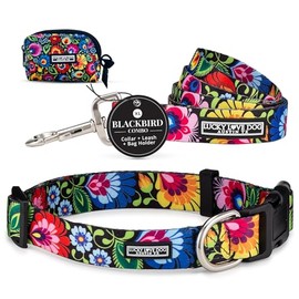 Lucky Love Dog Adjustable Collar, Leash & Waste Bag Holder Floral Set - Comfortable Collar, Easy Click Buckle, Strong & Durable Leash for Small to Large Dogs, Cute Poop Bag Holder - Blackbird, XL