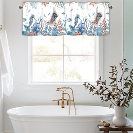 AYTTBIS Nautical Starfish Seashell Curtain Valance for Windows Ocean Seahorse Coral Fish Window Treatments 2 Pack Short Curtains for Kitchen Windows Bathroom Bedroom,42 x 12 Inch