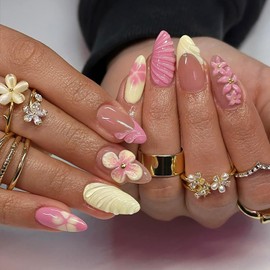 24Pcs Flower Press on Nails Medium Almond Fake Nails 3D Flowers Glossy Designs Full Cover French Tip Stick on Nails Artificial Cute Nails Summer False Nails for Women Girls Acrylic Nail Decorations