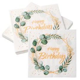 Focenat Happy Birthday Napkins, 40 Pcs Green Eucalyptus Decoration Napkins, Serviettes Napkins 33 x 33 cm, for Birthdays Party Anniversary Table Decoration