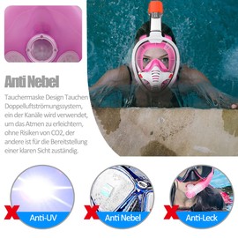 Tyuodna Snorkel Mask Adults and Children, Diving Mask, Full Face Mask, CO2 Safe, 180 Degree Vision Diving Mask, Full Mask, Anti-Fog Snorkeling Mask with Camera Position (White, Pink, S/M)