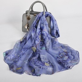 100% Mulberry Silk Women's Flower Print Thin Neck Silk Scarf Shawl,Blue Green Rectangle Beach Shawl Wrap Headscarf (blue)