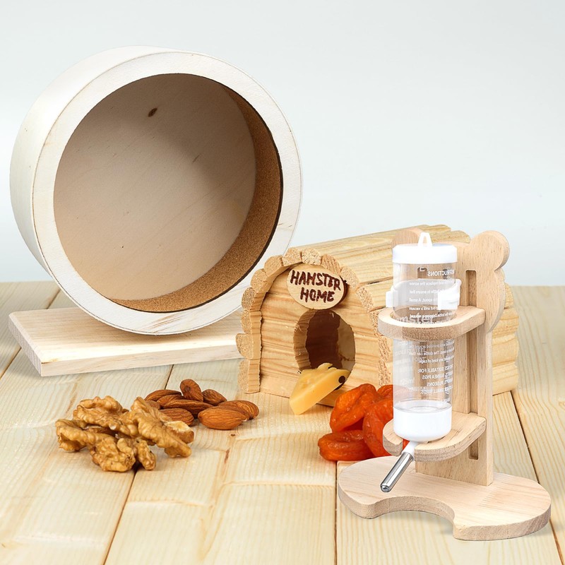 2 Pcs Wooden Hamster Wheel & Water Bottle Holder Set,
