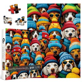 Funny Dog Puzzles for Adults 1000 Pieces, Colorful Winter Puppy Jigsaw Puzzles, Fantasy Hat Dog Animal Puzzle as Home Decor