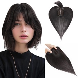 Hairro 100% Human Hair Toppers with Bangs, 360° Cover 3D Clips on Thin Hairpieces for Women, 3.15"x4.33" Silk Base Lightweight for High Hairline/Covering Greyish Hair on Top, 11 Inch Natural Black