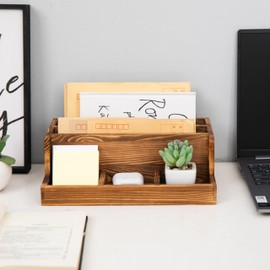 ExoLiry Rustic Brown Wood Mail Organizer Stationery Sorter Letter Holder Office Supply Storage Caddy 2 Slots 3 Trays Desktop Envelope Document Notepad Countertop Daily Accessories Table Home Entryway