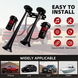 Cenzhiwen Dual Trumpet Metal Air Horn for truck Kit with 2-120 PSI Compressors - 12V 150dB Loud is suitable for pickup/motorhome/SUV/truck/train Boat - Complete and other vehicles(2 speakers)