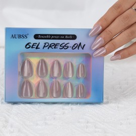 AUBSS Press On Nails Short, Nude Cinnamon Pink Cat Eye Almond Fake Nails, Reusable Stick On Acrylic False Nails, 15 Sizes 30 Nail Kit