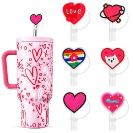 6Pcs Heart Straw Toppers Valentines Day Straw Covers Reusable Silicone Straw Cover Cap Heart Shaped Straw Tips Lids Set Cute Design Valentines Decorations Straw Topper Love Hearts Straw Protector