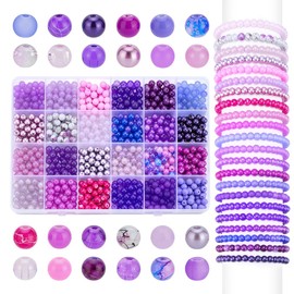 PH PandaHall 1080 Pieces 6 mm Purple Glass Beads Bracelet Making Kit, 24 Colours Assorted Round Beads Crystal Bead Craft Loose Pearl Bulk for Friendship Bracelet Earring Necklace Jewellery Making DIY