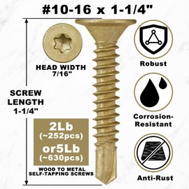 Yaocom 630 Pcs Wood to Metal Screws Bronze Self Drilling #10-16 x 1-1/4" Screws for Metal Self Tapping Wood to Metal Screws Wood Screws Metal Construction Screws