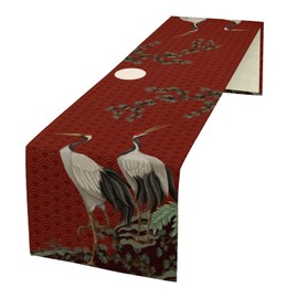 Chinoiserie Crane Table Runner, Asian Japanese Crane Pine Tree Branchs Full Moon Kitchen Dining Table Runner for Indoor Outdoor Home Party Decor, 13x60inch
