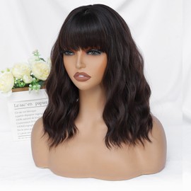 BEAUTIFA Dark Brown Wig with Bangs for Women 14 Inch Shoulder Length Short Bob Wavy Curly Wig Brown Wig Heat Resistant Synthetic Wigs
