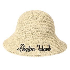 Womens Straw Sun Hat Wide Brim Hand Woven Foldable Beach Embroidered Bucket Hat for Summer Travel UV Protection (One Size,Letter Beige)