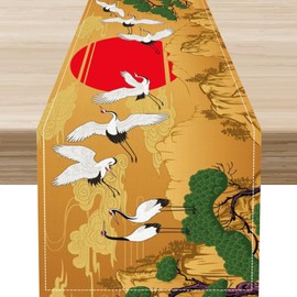Japanese Table Runner, Retro Traditional Vintage Crane Clouds Asian Oriental Waves Plants Nature Print Table Runner for Home Party Kitchen Dining Table Wedding Party Decor 13"x36"
