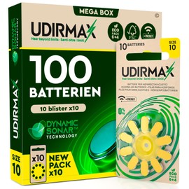 100 Hörgerätebatterien Größe 10 PR70 Udirmax Gelb Dynamic Sonar Technologie