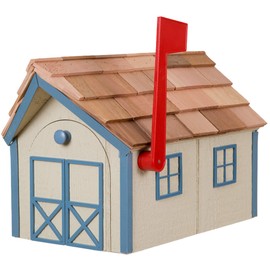 Amish Cedar Roof Wooden Mailbox with Window & Door Trim (Beige with Blue Trim)