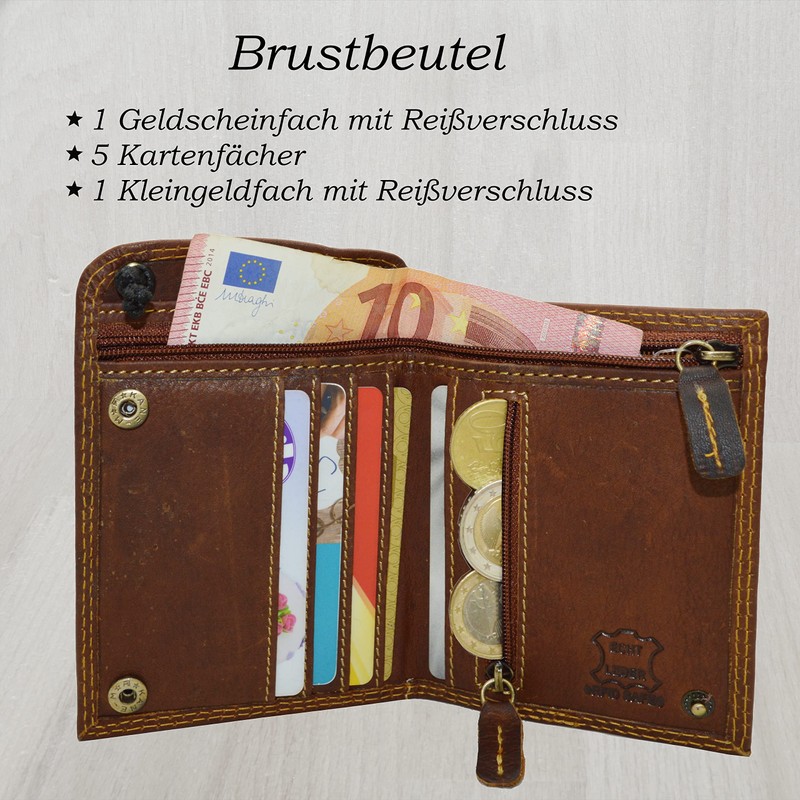 Roberto Genuine Leather Neck Pouch in Dark Brown, brown, Classic