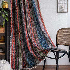 USTIDE Bohemian Striped Ethnic Curtain Moroccan Geometric Aztec Curtains Indian Style Window Treatments with Tassels Decor Rod Pocket Half Shade Curtain 63 Inches Long