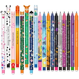 Set of 18 Gel Eraser Pens - Erasable Gel Pen - with Thermosensitive Eraser Ink, Variety of Ink Colours and Barrel Designs, 0.7mm Tip