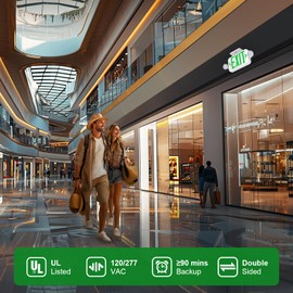 Emergency Exit Sign Lights Combo with Battery Backup, Double Sided Hardwired 6 Leds Exit Signs, Adjustable Heads Green Emergency Exit Lighting Ceiling/Wall Mount, UL Listed, AC 120/277V (1 Pack)