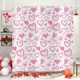 Hnmdmyi Shower Curtain Valentine's Day 180 x 200 cm, Pink Love Hearts Bath Curtain Waterproof Polyester Fabric Washable Bath Curtain for Bathroom with Hooks