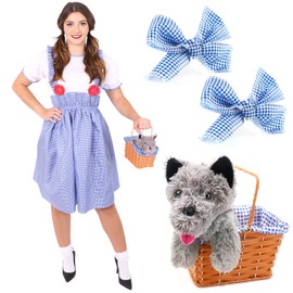 Ladies Dorothy Fancy Dress Costume - Medium - School Book Week Adults World Book Day Kansas Girl Dress Up - Gingham Dress, Matching Hair Ties, Basket And Dog