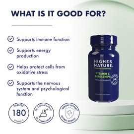Higher Nature - Vitamin C & Rosehips - for Immunity - 1000mg Vitamin C - Immune System Support - Vegetarian & Vegan - 180 Tablets