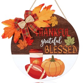IARTTOP Thankful Grateful Blessed Front Door Sign (29x29cm)Pumpkin Thanksgivings Wall Hanging for Porch Autumn Maple Leaf Wooden Sign Vintage Farmhouse Fall Wreath Hanging for Outdoor Yard Home Decor