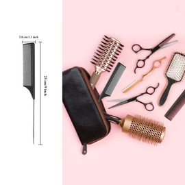 3 Pack Rat Tail Combs with Heat Resistant Carbon Fiber Fine Tooth and Stainless Steel Handle Pin Design for Pintail Hair Parting Teasing