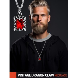 Gemstone Necklace for Men, Gothic Style Red Stone Claw Pendant Stainless Steel Jewellery, Goth Gifts for Father Husband