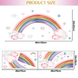 Large Rainbow Wall Decals Watercolor Rainbow Clouds Wall Stickers Boho Rainbow Starry Sky Stars Decor Vinyl DIY Removable Peel and Stick Wallpaper for Kids Girls Bedroom Nursery Home Decoration 1493