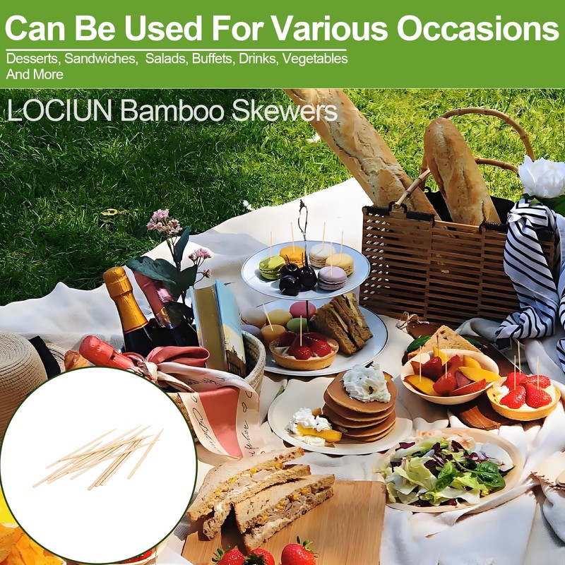 LOCIUN 4-Inch Natural Bamboo Toothpicks & Skewers 1250-Count | Extra-Long