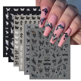 6Sheets Butterfly Nail Art Stickers Decals 3D Self-Adhesive Holographic Aurora Black White Butterfly Nails Design Nail Stickers Butterflies Nail Supplies for Women DIY Butterfly Nail Art Decor