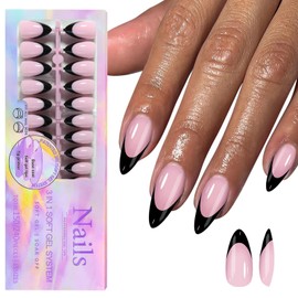 150 PCS Press on Nails French Tip Fake Nails Long Almond False Nails Full Cover Glue on Nails Glossy Artificial Nails Press Ons Stick on Nails for Women Pink & Black