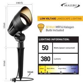 MALIBU Landscape Lighting Outdoor 50W Spotlight Waterproof Halogen Floodlight Low Voltage Lights 380Lumen Warm White with Stake for Garden Yard Pathway Lawn Driveway Outdoor Lighting 8301-9601